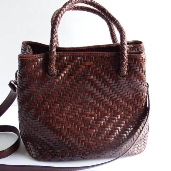 Fossil Brown Leather Woven Bag w/Crossbody Strap - Picture 1 of 4